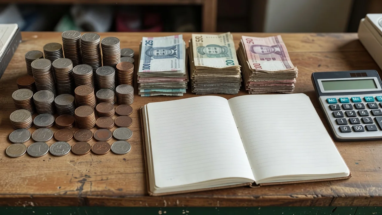 Negosyante na nagkalkula ng presyo at kita gamit calculator at notebook