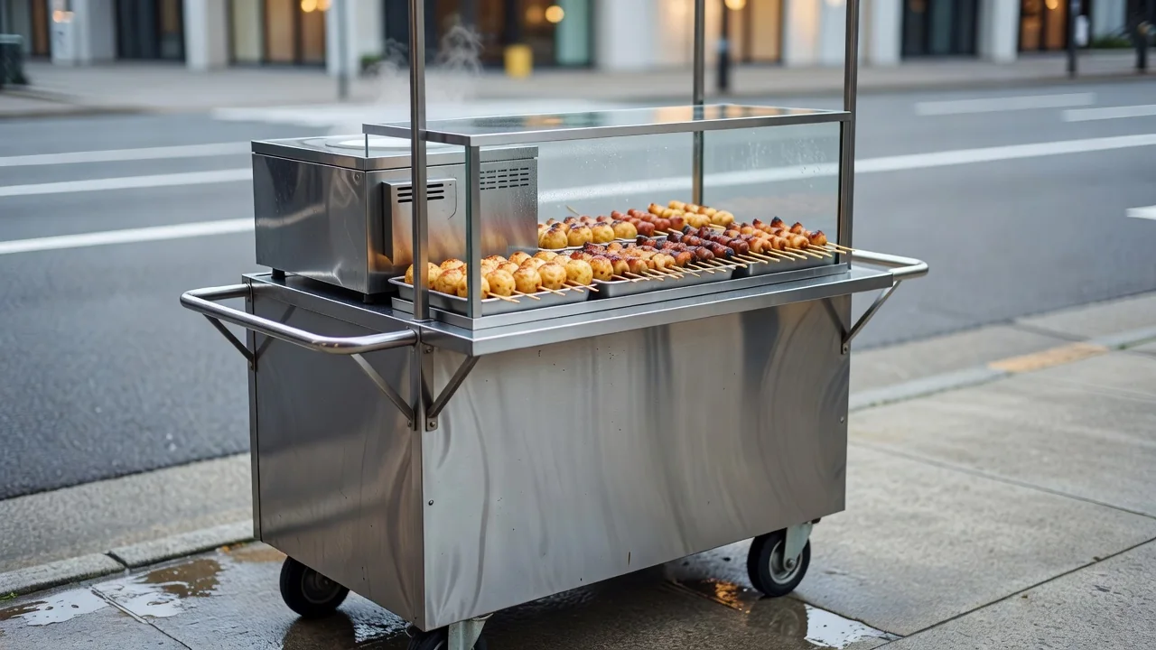 Busy food cart selling siomai and drinks near a school gate in 2026