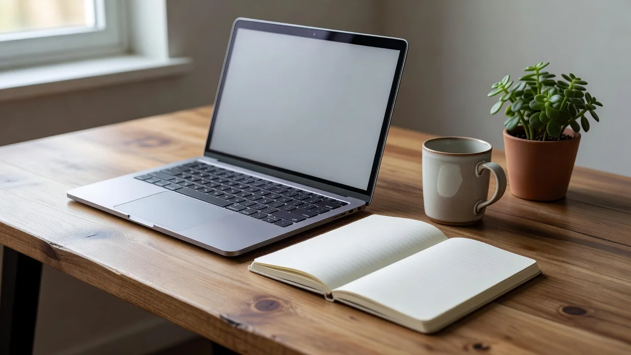 Young Filipino freelancer working on laptop at home with coffee and notebook
