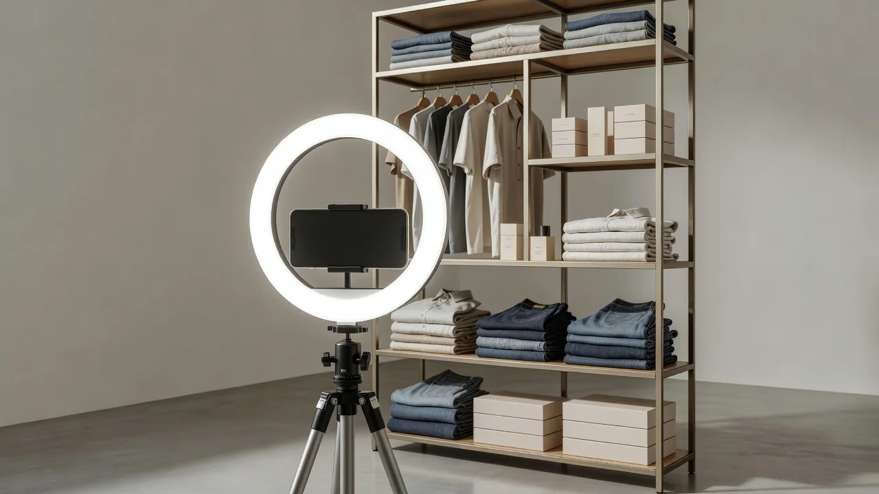 Filipina seller doing live selling on TikTok with ring light and phone setup