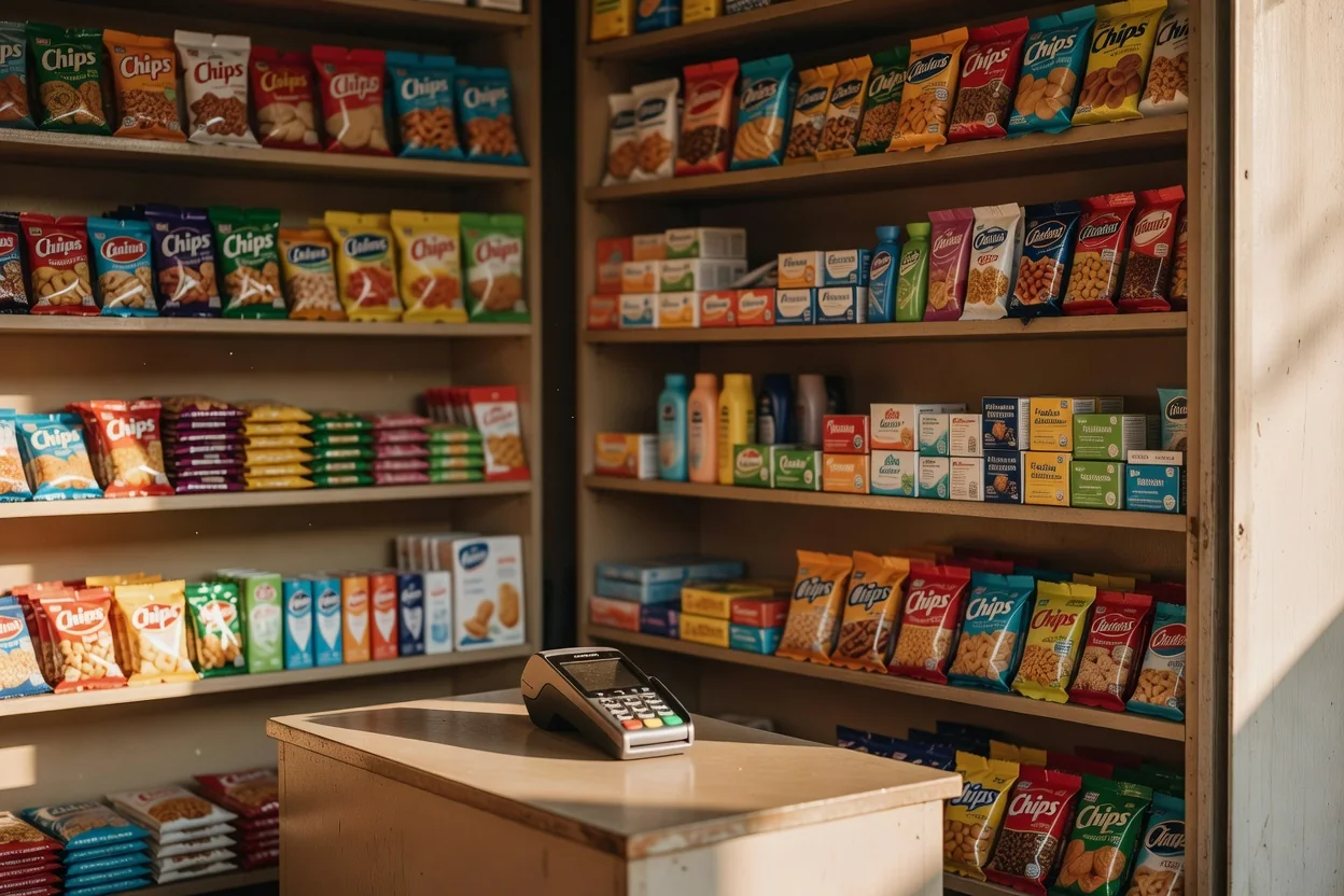 Modernong sari-sari store na may maliwanag na LED lights, nakaayos na mga produkto, at digital payment signs